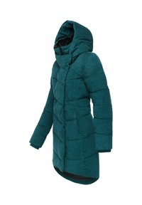 Teal pufferjacka med huva, som har texturerad tyg, sydda rektangulära sektioner och en längre bakre fåll. Dragkedjeslutning med sidofickor.