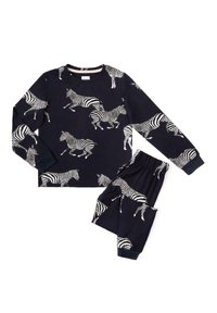 Barns pyjamasset i mörk marinblå bomull med vita zebramönster. Långärmad topp och matchande byxor med elastisk midja och ribbade ärmslut.
