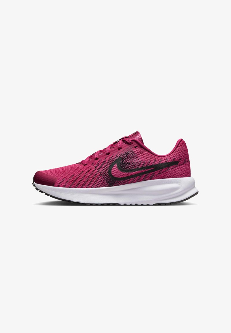 Scarpe da corsa Nike con tomaia traspirante color magenta e dettagli neri, design testurizzato, intersuola bianca e suola nera per una maggiore trazione.