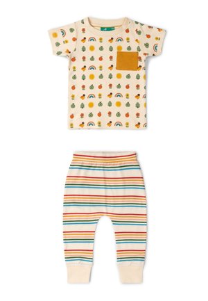 Cream-colored baby outfit with short-sleeve shirt featuring colorful nature icons and a mustard pocket, paired with striped pants in red, green, blue, and yellow.