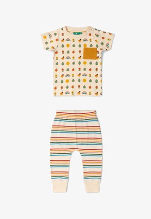 Cream-colored baby outfit with short-sleeve shirt featuring colorful nature icons and a mustard pocket, paired with striped pants in red, green, blue, and yellow.