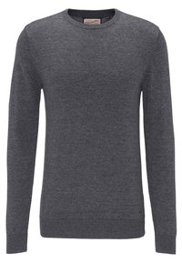 Grau gestrickter Pullover mit Rundhalsausschnitt, langen Ärmeln, gerippten Bündchen und Saum sowie einer dezenten Struktur ohne Muster oder Akzente.