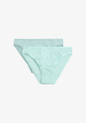 Dos pares de bragas de algodón para mujer de color verde claro con sutiles patrones de helechos y hojas, mostrados superpuestos sobre un fondo blanco.