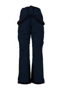 Pantalones de esquí impermeables en azul oscuro, con tirantes elásticos ajustables, puños reforzados en negro en los tobillos y un ajuste holgado para mayor comodidad.