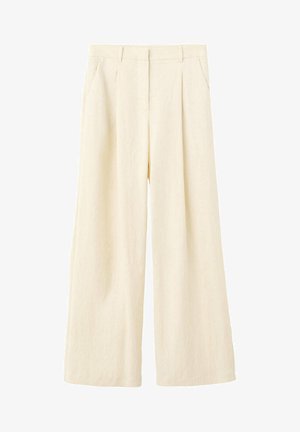 Cremefarbene, weit geschnittene Hose mit vorderen Falten und seitlichen Taschen, mit verdecktem vorderem Verschluss.