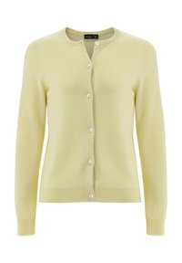 Helles gelbes Cardigan mit Rundhalsausschnitt, langen Ärmeln und fünf weißen Knopfverschlüssen an der Vorderseite. Weicher Stoff und taillierte Passform.