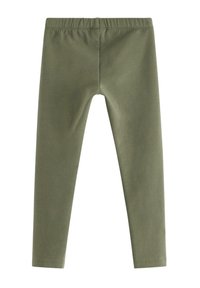 Olivengrønne leggings med en strækbar talje, glat tekstur og tætsiddende design. Ingen mønstre eller yderligere hardware synlige.