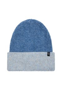 Blue knitted beanie with a light blue cuff. Features a ribbed texture and small black tag with white text. Soft material, versatile design.