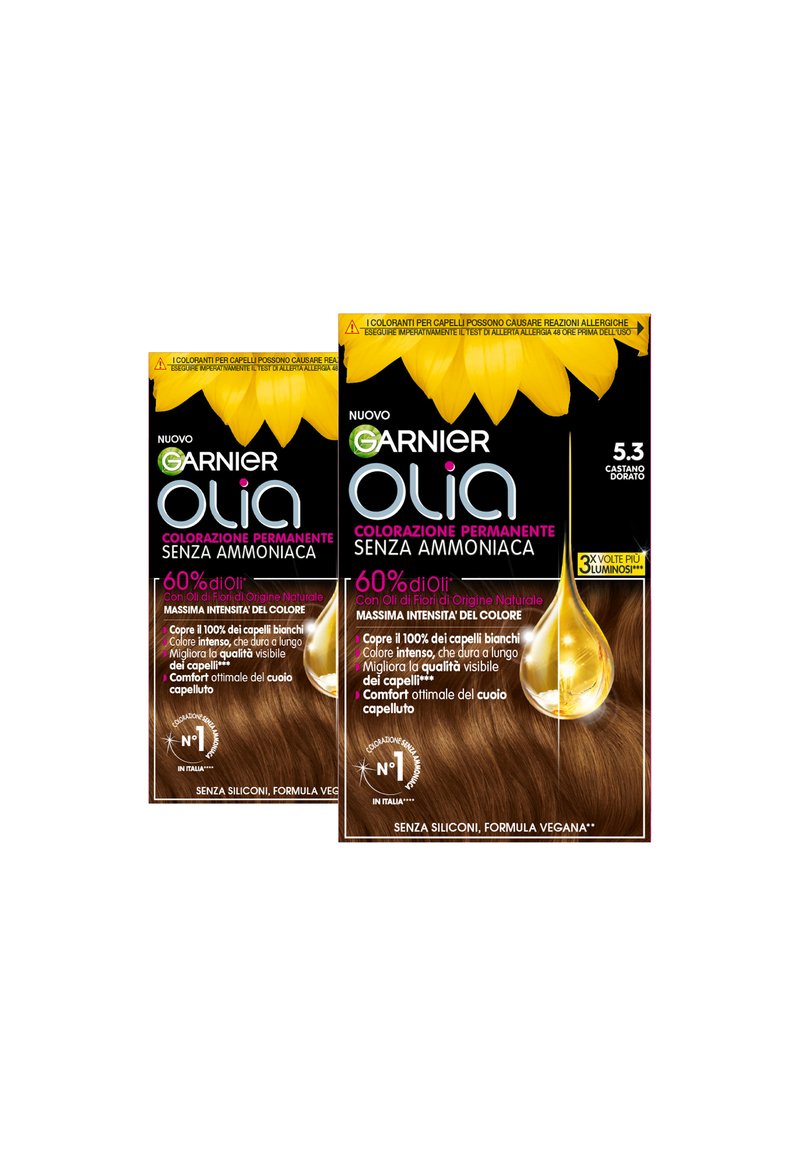 Garnier - GARNIER TINTA CAPELLI OLIA COLORAZIONE PERMANENTE SENZA AMMONIACA PER UNA FRAGRANZA DELICATA COPRE IL 100% DEI CAPELLI BIANCHI CON OLI DI FIORI DI ORIGINE NATURALE - 2 PACK - Tinte capelli - castano dorato, Ingrandire