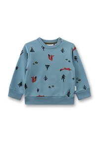 Blaues Baumwollsweatshirt mit langen Ärmeln, Rundhalsausschnitt und lockerer Passform. Mit schwarzen und roten Tier- und Naturmustern. Gerippte Bündchen und Saum.
