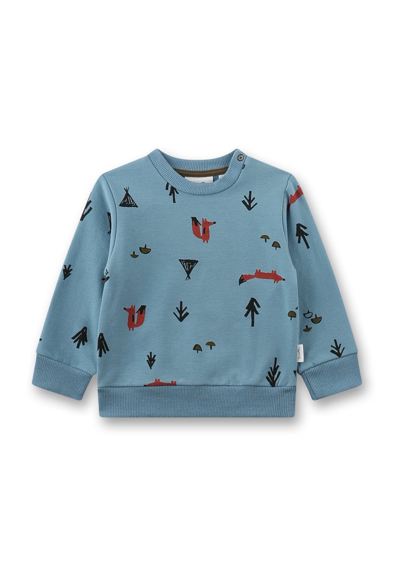 Blaues Baumwollsweatshirt mit langen Ärmeln, Rundhalsausschnitt und lockerer Passform. Mit schwarzen und roten Tier- und Naturmustern. Gerippte Bündchen und Saum.