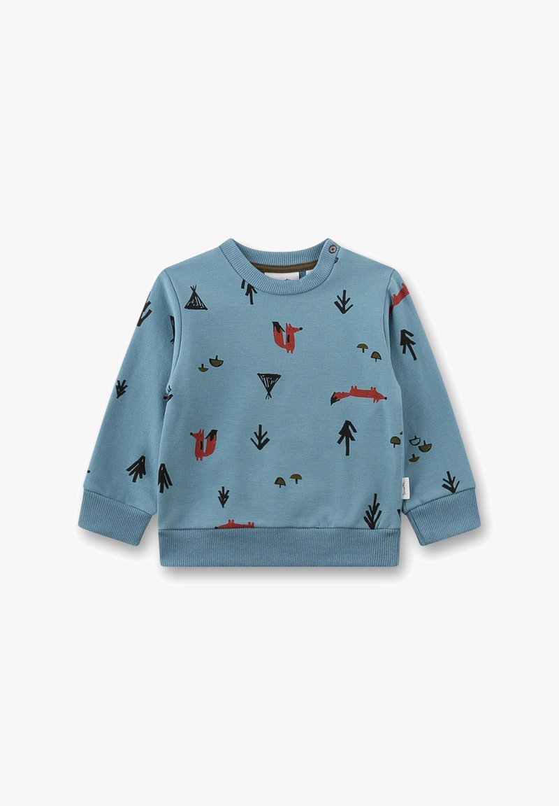 Blue cotton sweatshirt with long sleeves, round neck, and loose fit. Features black and red animal and nature patterns. Ribbed cuffs and hem.