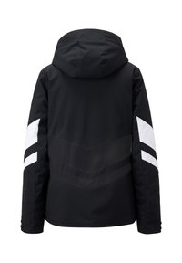 Schwarze wasserdichte Jacke mit Kapuze, ausgestattet mit weißen und schwarzen Zickzackakzenten an den Ärmeln und am Rücken. Texturiertes, leichtes Material.