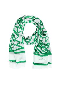 Sciarpa verde e bianca con un motivo a foglie, realizzata in tessuto leggero, con bordi frangiati e un logo stampato vicino al fondo.