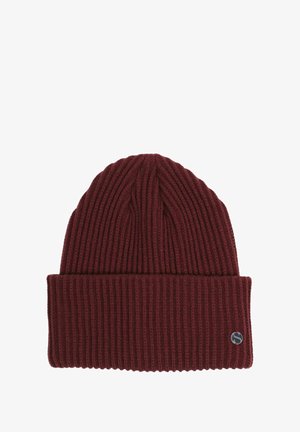 Maroon ribbed knit beanie with a folded cuff and a small, circular logo tag on the side. Soft texture and snug fit for warmth.