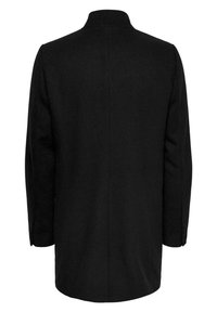 Zwarte wollen jas met een rechte snit, hoge kraag en lange mouwen. Effen textuur, geen zichtbare patronen, met knopen bij de manchetten.