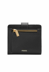 Black leather wallet with a textured finish, featuring a gold zipper accent and a front slot labeled "FOSSIL." Compact design with minimal hardware.