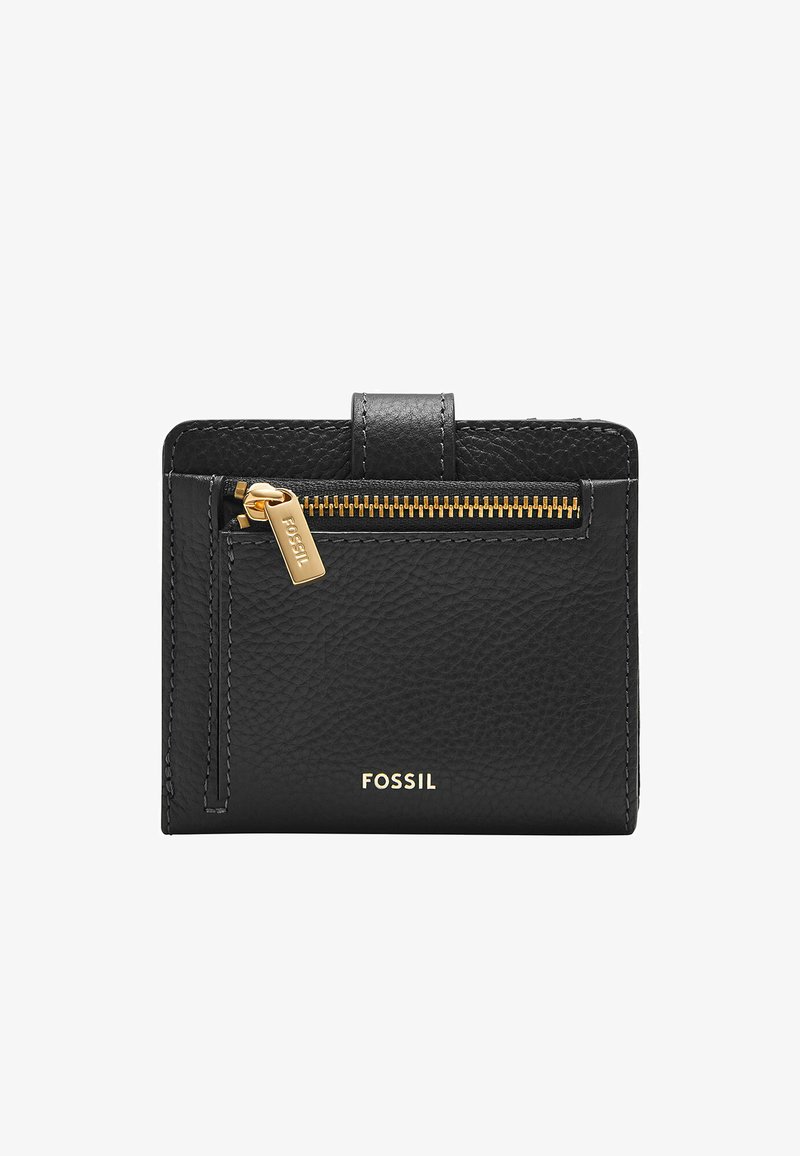 Black leather wallet with a textured finish, featuring a gold zipper accent and a front slot labeled "FOSSIL." Compact design with minimal hardware.