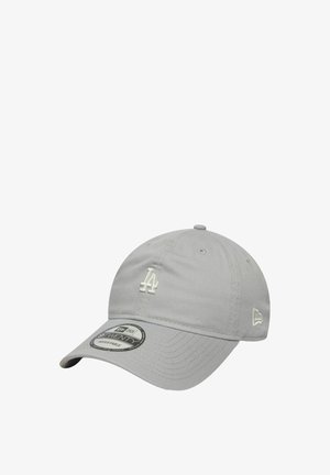 Grau Baumwoll-Baseballcap mit erhobener weißer Stickerei des 'LA'-Logos und verstellbarem Riemen. Gebogener Schirm und Sechspaneldesign.