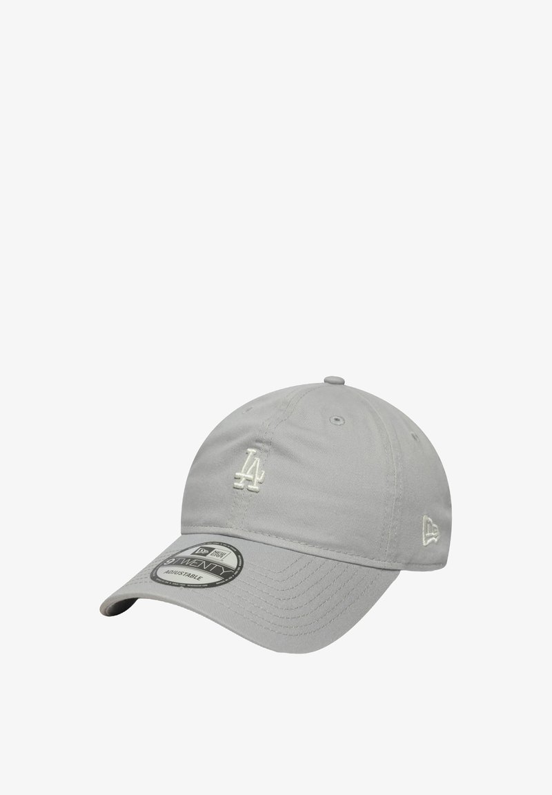 Grau Baumwoll-Baseballcap mit erhobener weißer Stickerei des 'LA'-Logos und verstellbarem Riemen. Gebogener Schirm und Sechspaneldesign.