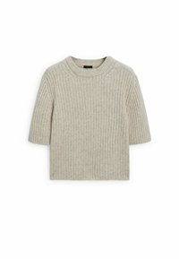 Beiger gerippter Strickpullover mit rundem Ausschnitt, kurzen Ärmeln und boxy Passform. Die Textur wirkt weich und leicht dehnbar.