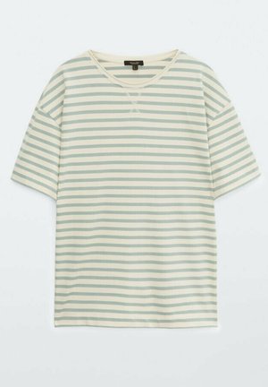Short-sleeve crew neck t-shirt with horizontal light blue and off-white stripes laid flat on a white background.