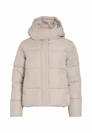 Veste rembourrée beige avec un col montant et une capuche attachée. Comprend des coutures en panneau et deux poches avant. Fabriquée en matière douce et lisse.
