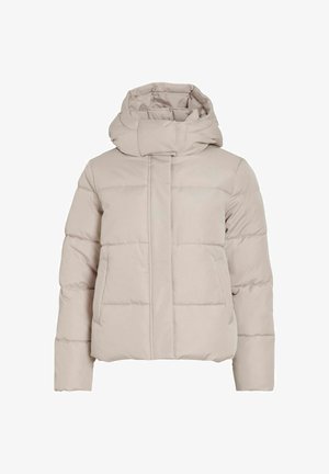Beige padded jacket with a high collar and attached hood. Features panel stitching and two front pockets. Made from soft, smooth material.