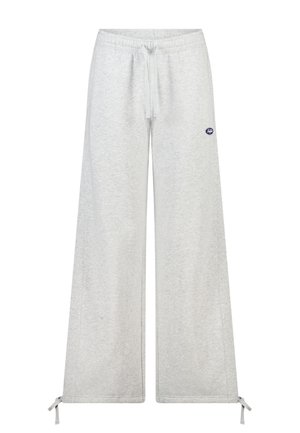 Grey sweatpants made of soft fabric, featuring a loose fit, elastic waistband with drawstring, and accent detailing at the hem.