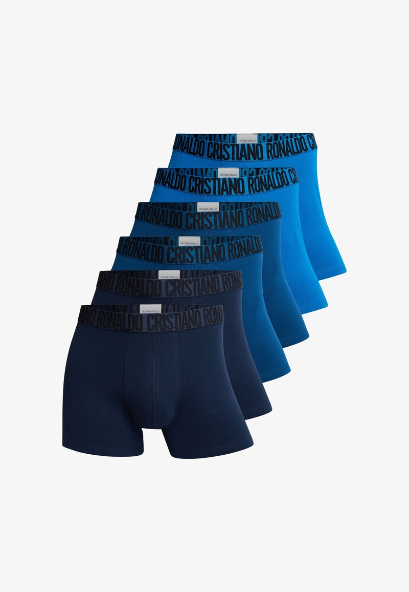 Six pairs of boxer briefs in various shades of blue and navy, featuring a black band with the name "Cristiano Ronaldo" prominently displayed.