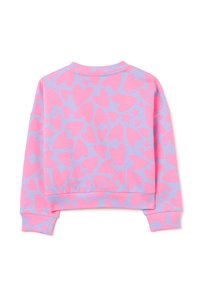 Sudadera rosa y lavanda con un patrón de corazones y estrellas, con dobladillo y puños acanalados, de corte holgado y textura suave.