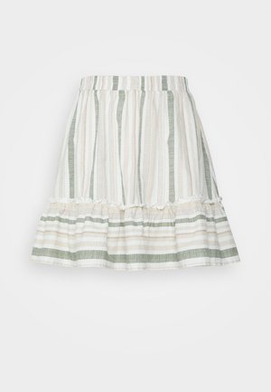 Gonna a righe in crema, verde e beige chiaro. Caratterizzata da una vita elasticizzata e un orlo arricciato con strisce alternate. Tessuto leggero.