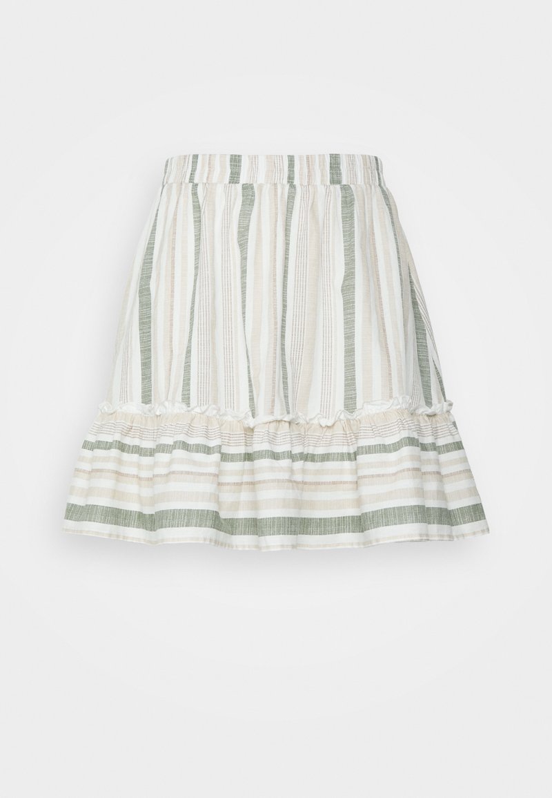 Jupe à rayures en crème, vert et beige doux. Dotée d'une taille élastique et d'un ourlet volanté avec des rayures alternées. Tissu léger.