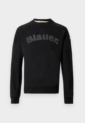 Sweat-shirt noir à manches longues avec col rond, portant le logo "Blauer." en arc de cercle sur la poitrine, avec des poignets et un ourlet côtelés.