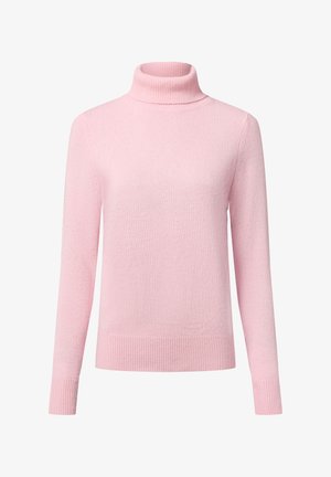 Helles rosa Rollkragenpullover, gestrickter Stoff, lange Ärmel, gerippte Bündchen und Saum, weiche Textur, simples Design ohne Muster.