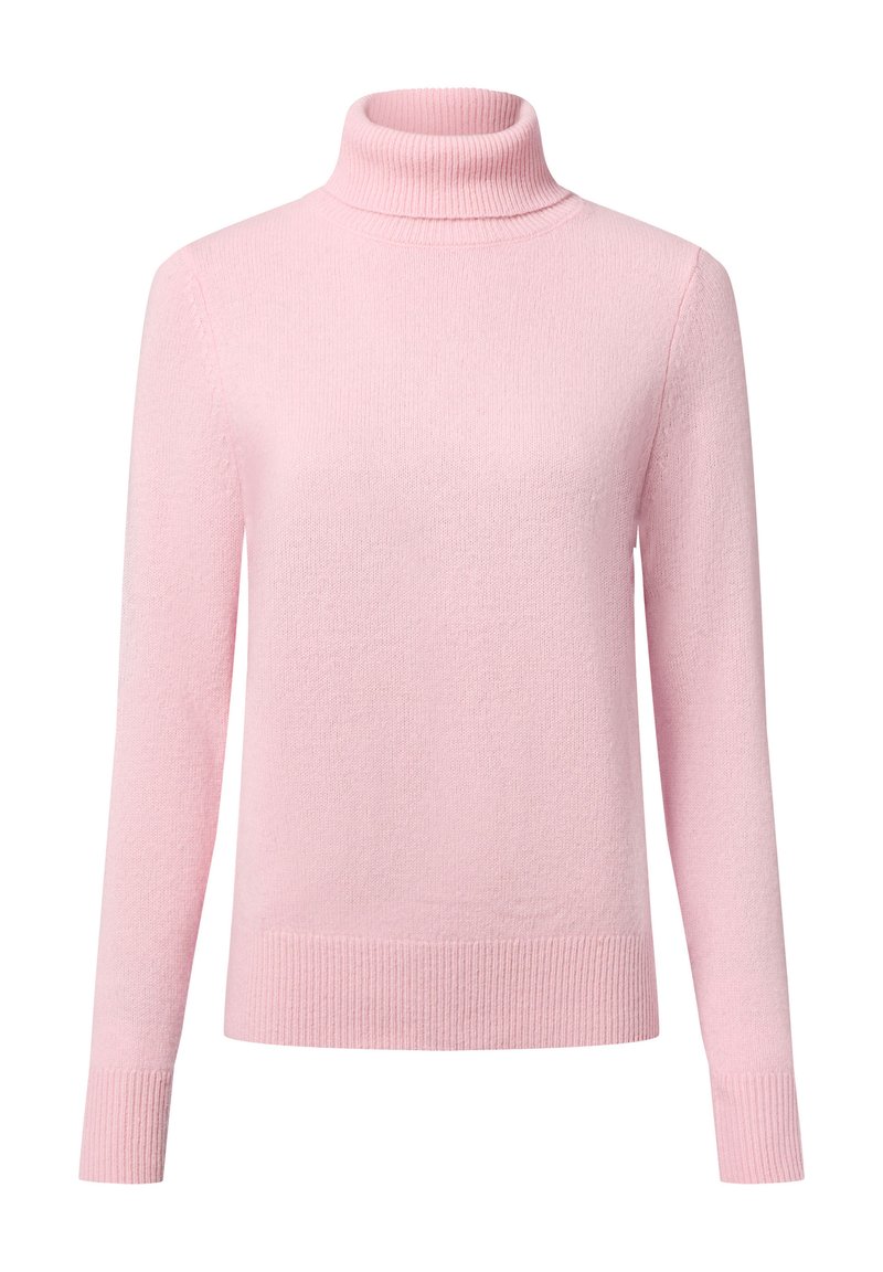 Jasnoróżowy sweter z golfem, dzianinowy materiał, długie rękawy, ściągacze przy mankietach i u dołu, miękki w dotyku, prosty design bez wzorów.