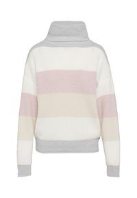 Pullover trui met een hoge kraag, voorzien van horizontale strepen in wit, lichtroze, beige en grijs. Zachtheid in een gestructureerde stof.