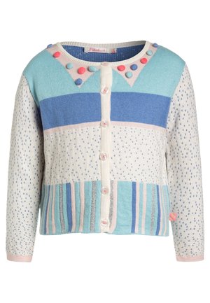 Zapínací svetr s pastelově modrými, růžovými a bílými vzory, puntíkovanými rukávy, proužkovaným lemem a barevnými bambulemi u výstřihu.