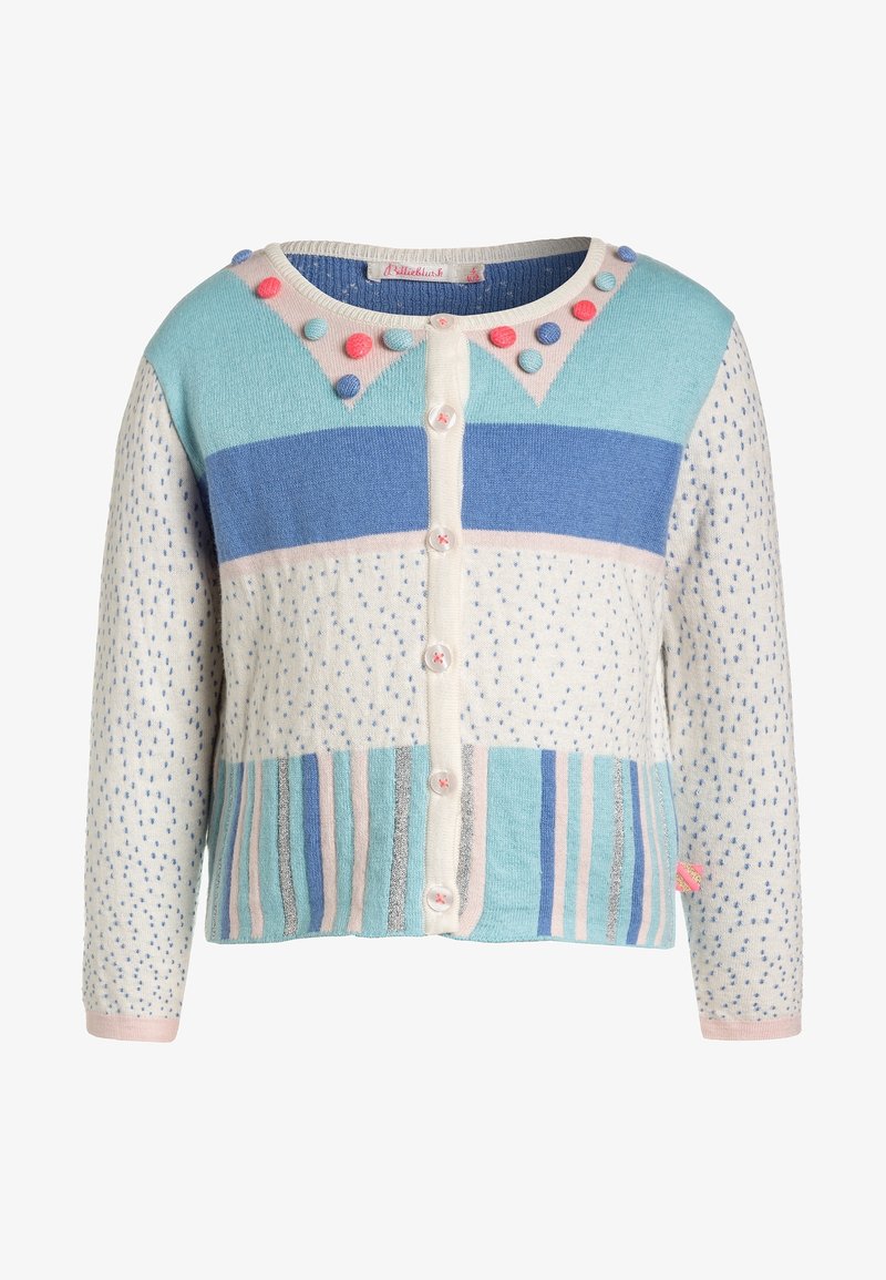 Geknöpfter Cardigan mit pastellblauen, rosa und weißen Mustern, gepunkteten Ärmeln, gestreiftem Saum und bunten Bommel nahe dem Halsausschnitt.