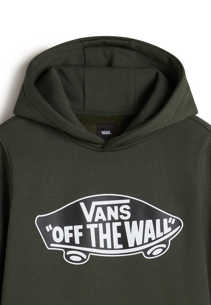 Felpa color verde oliva con un grande logo bianco "Vans 'Off The Wall'". Presenta un cappuccio con cordino e una trama di tessuto morbido.