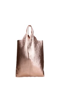 Sac fourre-tout en rose gold métallique avec une finition texturée, doté de deux poignées et d'un design supérieur angulaire. Simple et spacieux.