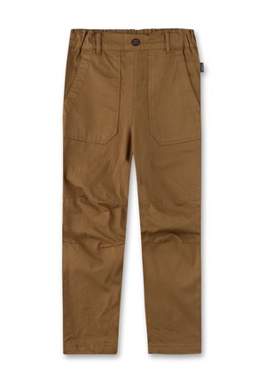 Bruine katoenen cargopants met een gladde textuur, voorzien van twee voorzakken, een knoopsluiting en een versterkt kniegebeid.