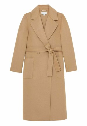 Camelová vlnená bunda s výstrihom do "V", dlhými rukávmi a opaskom v páse. Obsahuje dve predné vrecká a hladkú textúru.