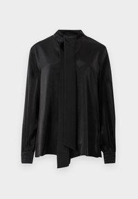 Black long-sleeve blouse with high neck and attached long scarf tie, made from smooth, slightly shiny fabric.