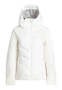 Biela izolovaná bunda s kapucňou, obsahujúca prešívané časti, zips vpredu a nastaviteľné manžety. Hladká textura a elegantný dizajn.