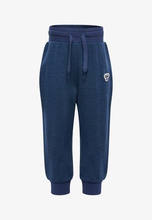 Marinblåa barnjoggingbyxor med elastiskt midjeband, dragsko, uppvikta ankleder och en liten broderad vit bi-logotyp på höger lår.