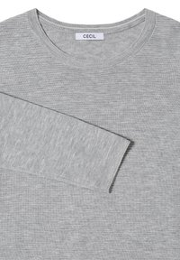 Maglia grigia a maniche lunghe realizzata in tessuto morbido, con scollo rotondo e un motivo a maglia testurizzato, con etichetta "CECIL" al colletto.