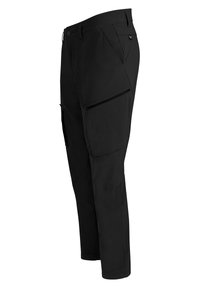 Black cargo pants made from lightweight fabric, featuring multiple pockets, a slim fit, and a smooth texture with zippered accents.