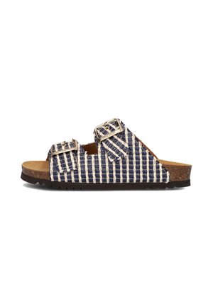 Strappy slide sandals featuring a woven navy and white pattern, adjustable metal buckles, and a cork footbed with a textured sole.