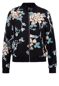 Veste bomber noire avec motif floral en pêche et sarcelle ; comporte une fermeture éclair à l'avant, des poignets et une ceinture côtelés ; tissu léger.